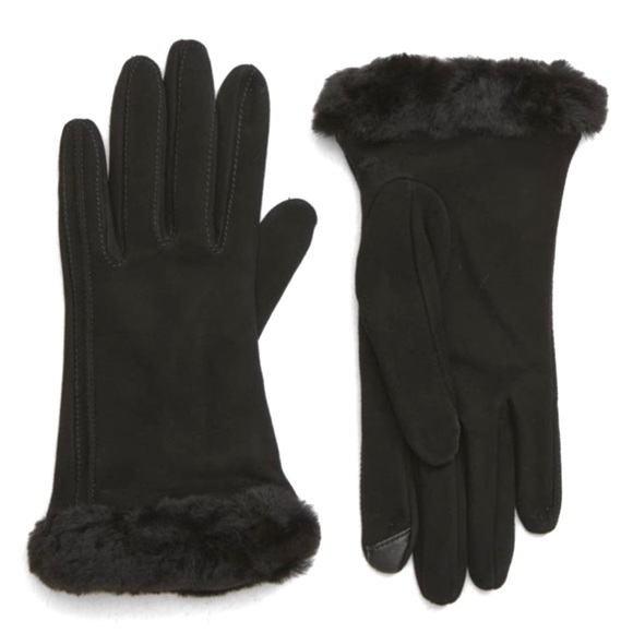 UGG Genuine Shearling Trim Suede Tech Tips Gloves NEW Black Size M Touchscreen - Picture 1 of 10
